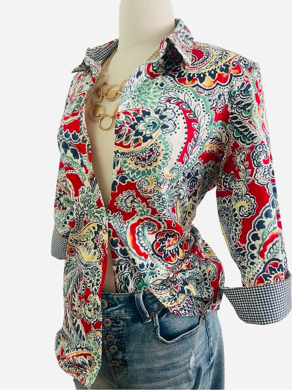 CHAPS - NO iRON - Paisley Navy and White Gingham Button-Down Shirt